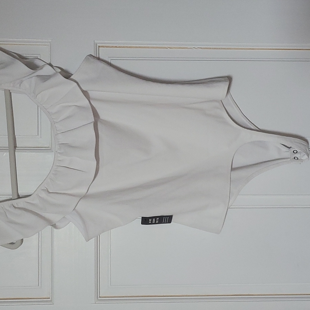 Express White Ruffle Ribbed Bodysuit - Picture 5 of 6